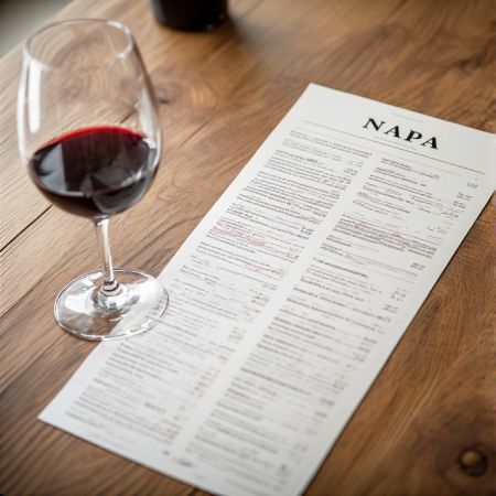 Close view of a Napa Valley restaurant wine list beside a glass of Cabernet Sauvignon on a wooden table, illustrating sommelier culture and curated wine selection.