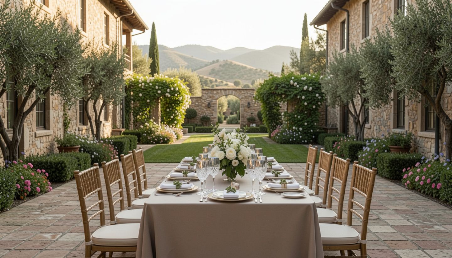 A private Napa Valley estate prepared for a seamless event, featuring a long outdoor table set among vineyard rows with soft afternoon light and no guests yet present