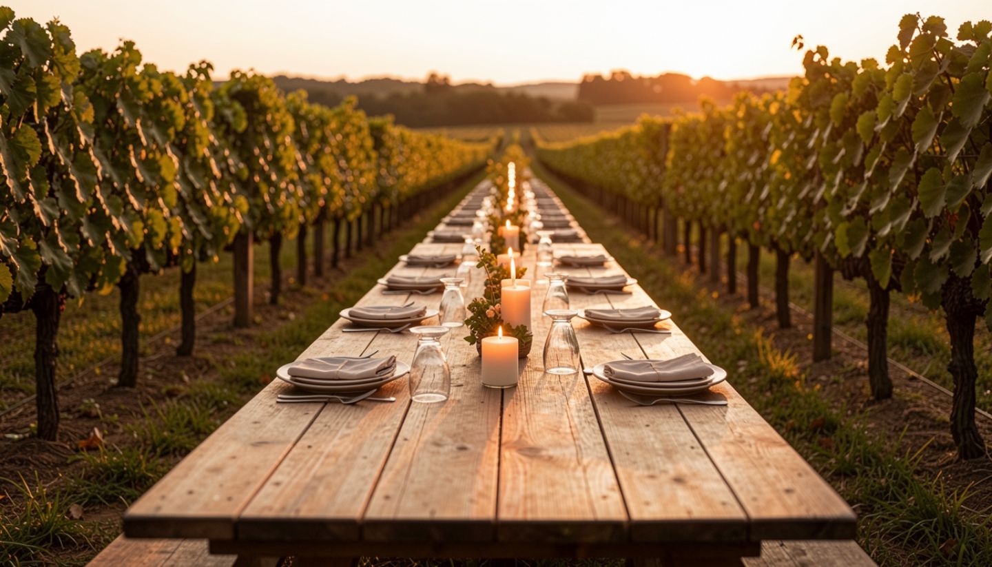 Outdoor long wooden table in Napa Valley set for a quiet meal, surrounded by vineyard landscape and designed for unhurried conversation and connection.