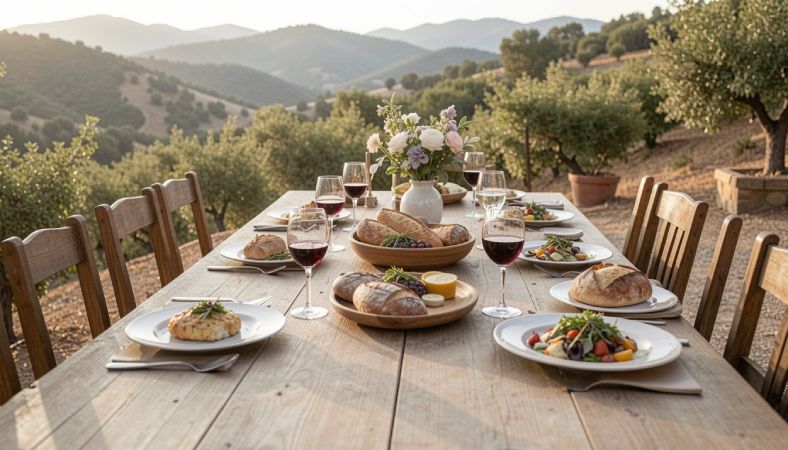 Outdoor shared table in Napa Valley with seasonal food and wine, symbolizing a calm, unhurried reward trip for teachers.