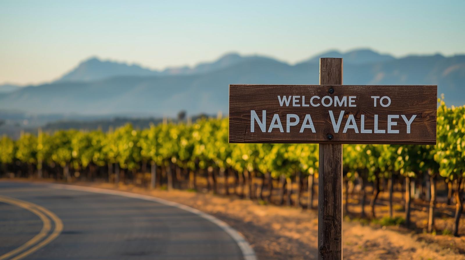 Wooden Napa Valley welcome sign surrounded by vineyard rows and preserved agricultural land, representing Napa wine law and land use protection.