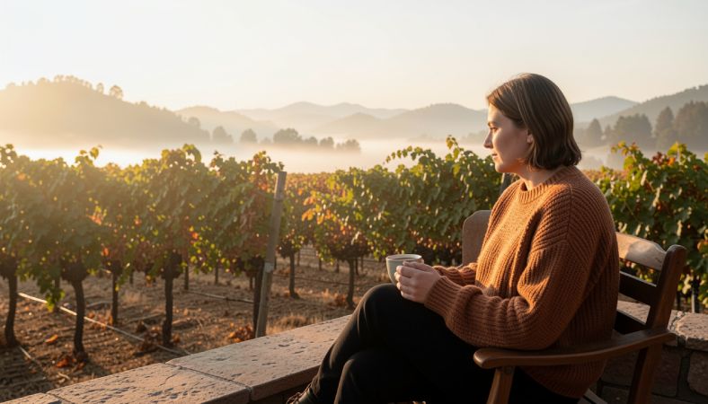 Teacher resting on a vineyard terrace in Napa Valley during a quiet morning, representing a peaceful reward trip focused on rest and recovery.