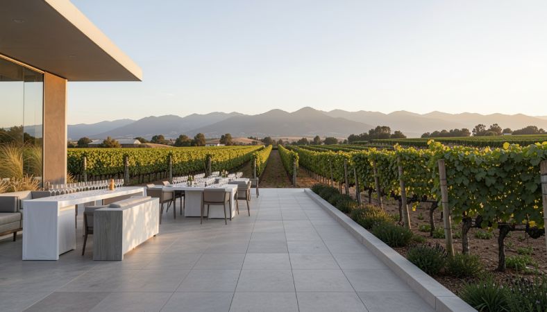 Vineyard terrace in Napa Valley with clean architectural lines and mountain views, highlighting circulation and spatial design.