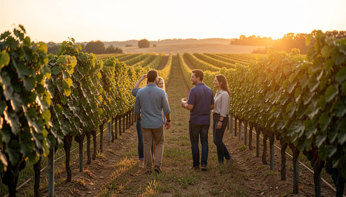 Friends walking together through vineyard rows in Napa Valley during a relaxed bachelor or bachelorette trip focused on connection.