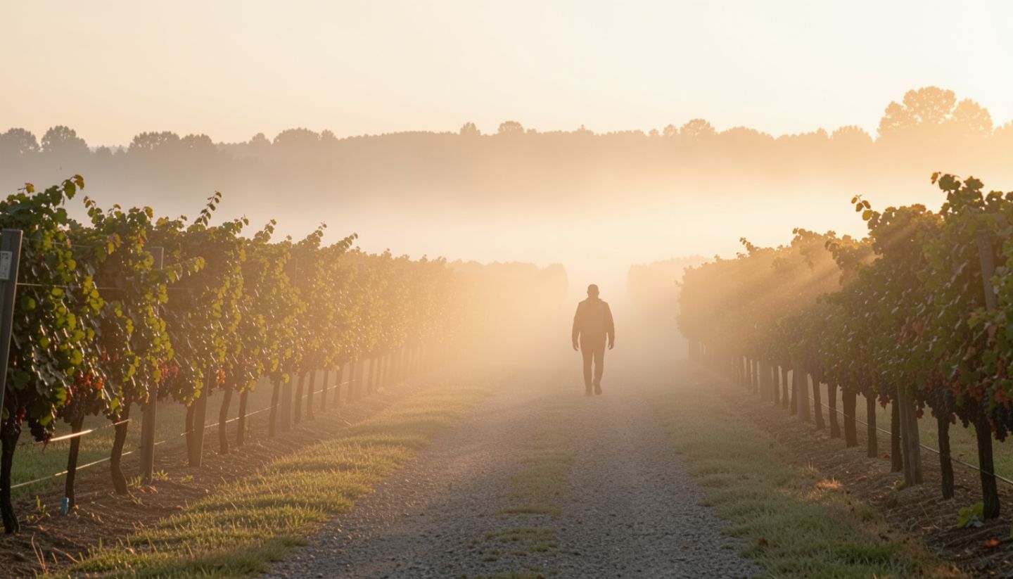Person walking through vineyard rows in Rutherford Napa Valley at sunrise with fog lifting over gravel paths and Cabernet vines during a quiet morning vineyard walk experience.