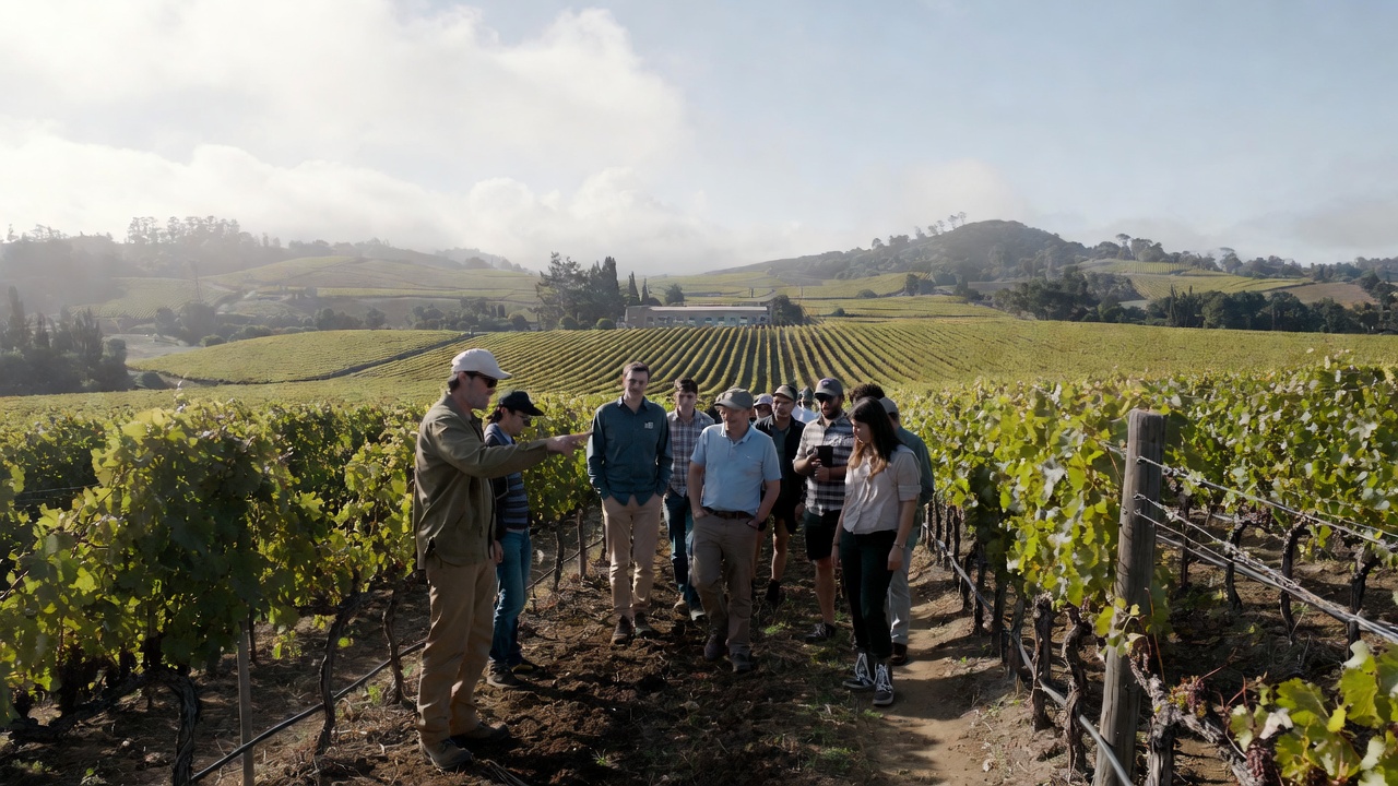Guests walking through a Napa Valley vineyard along Silverado Trail during an educational tour about soil, viticulture, and second career opportunities in wine.