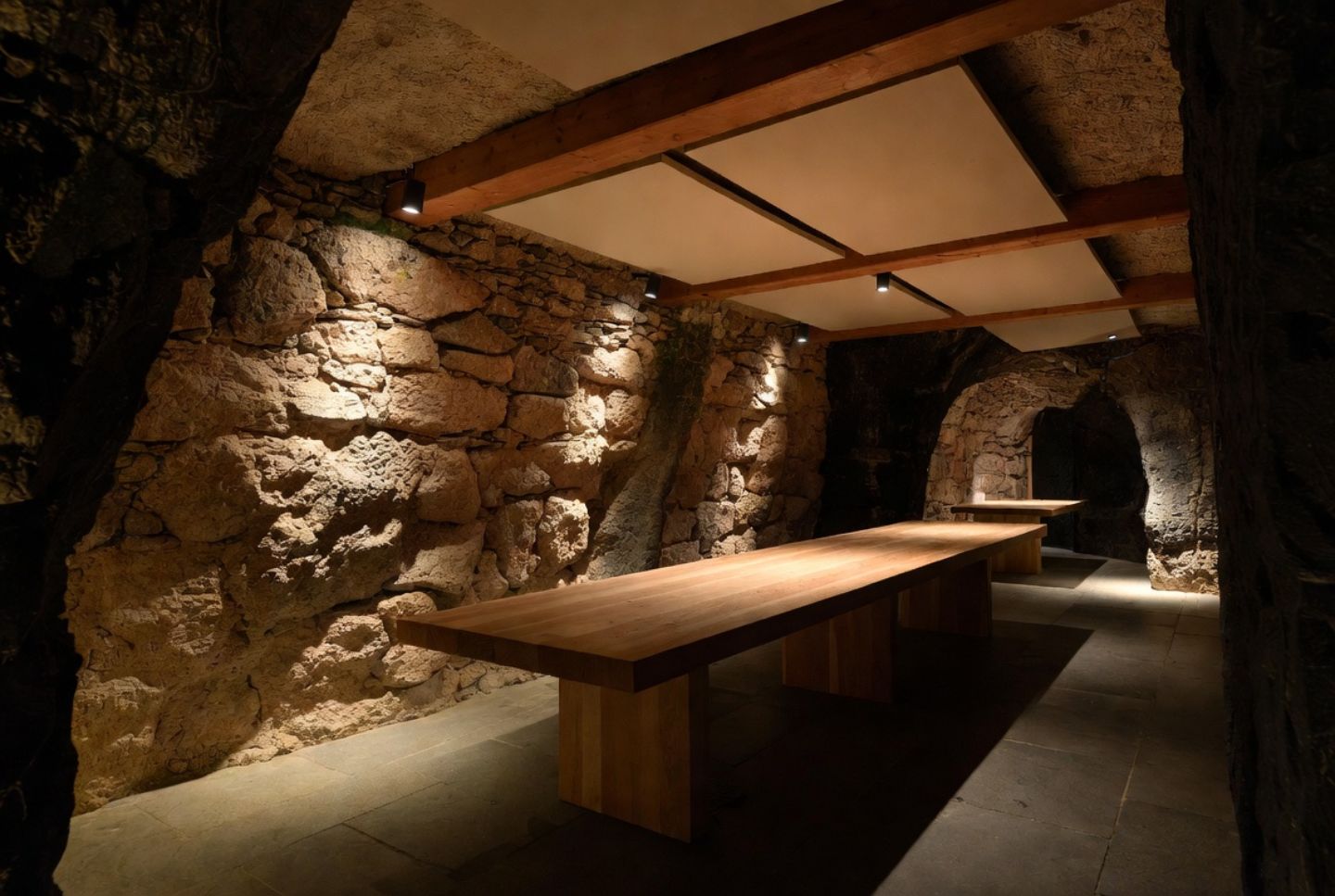 Seated wine tasting inside a stone wine cave in Napa Valley, featuring a long table, subdued lighting, and an intimate, acoustically calm setting