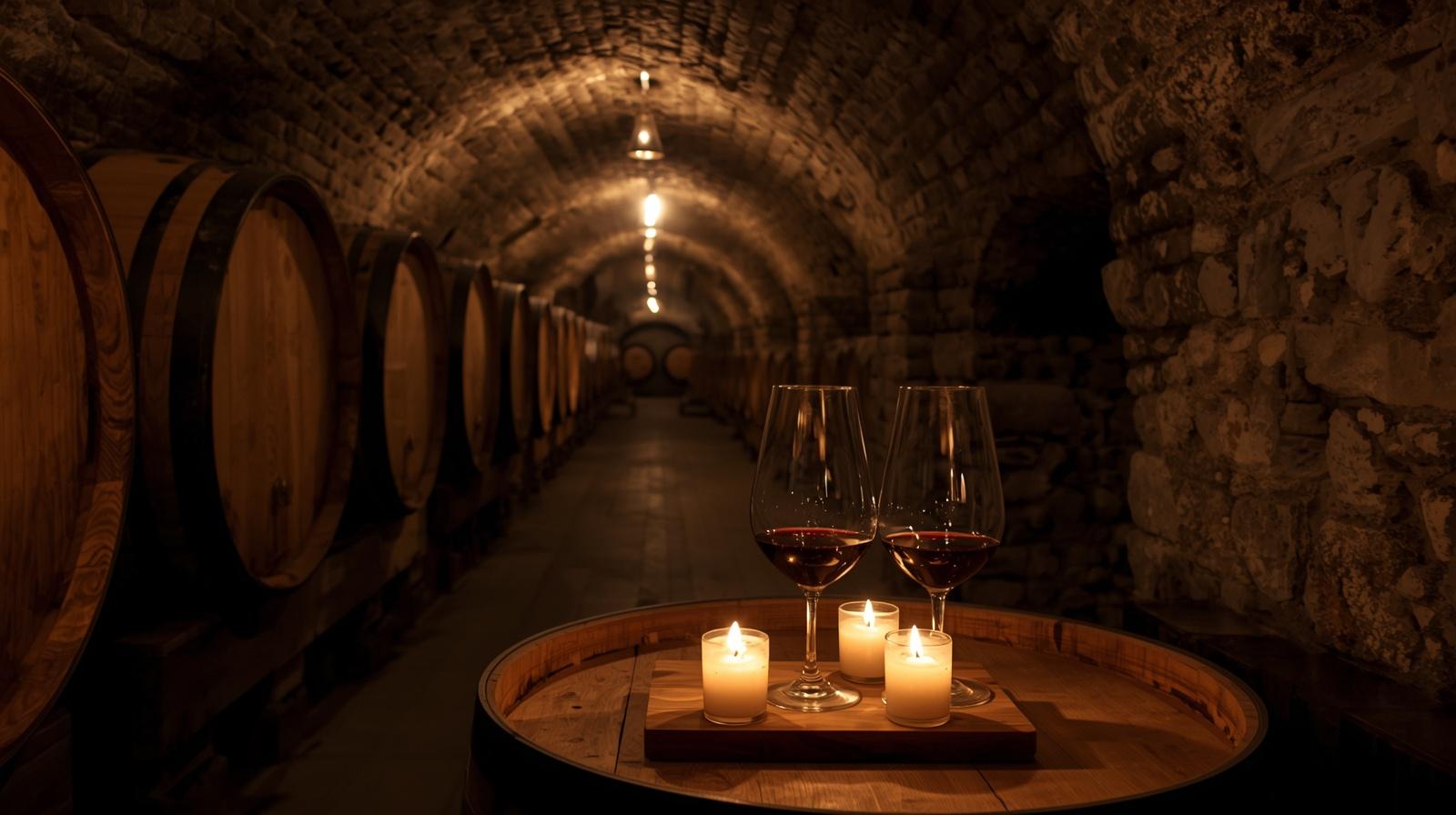 Candlelit Napa Valley wine cave lined with oak barrels during a winter library Cabernet tasting experience