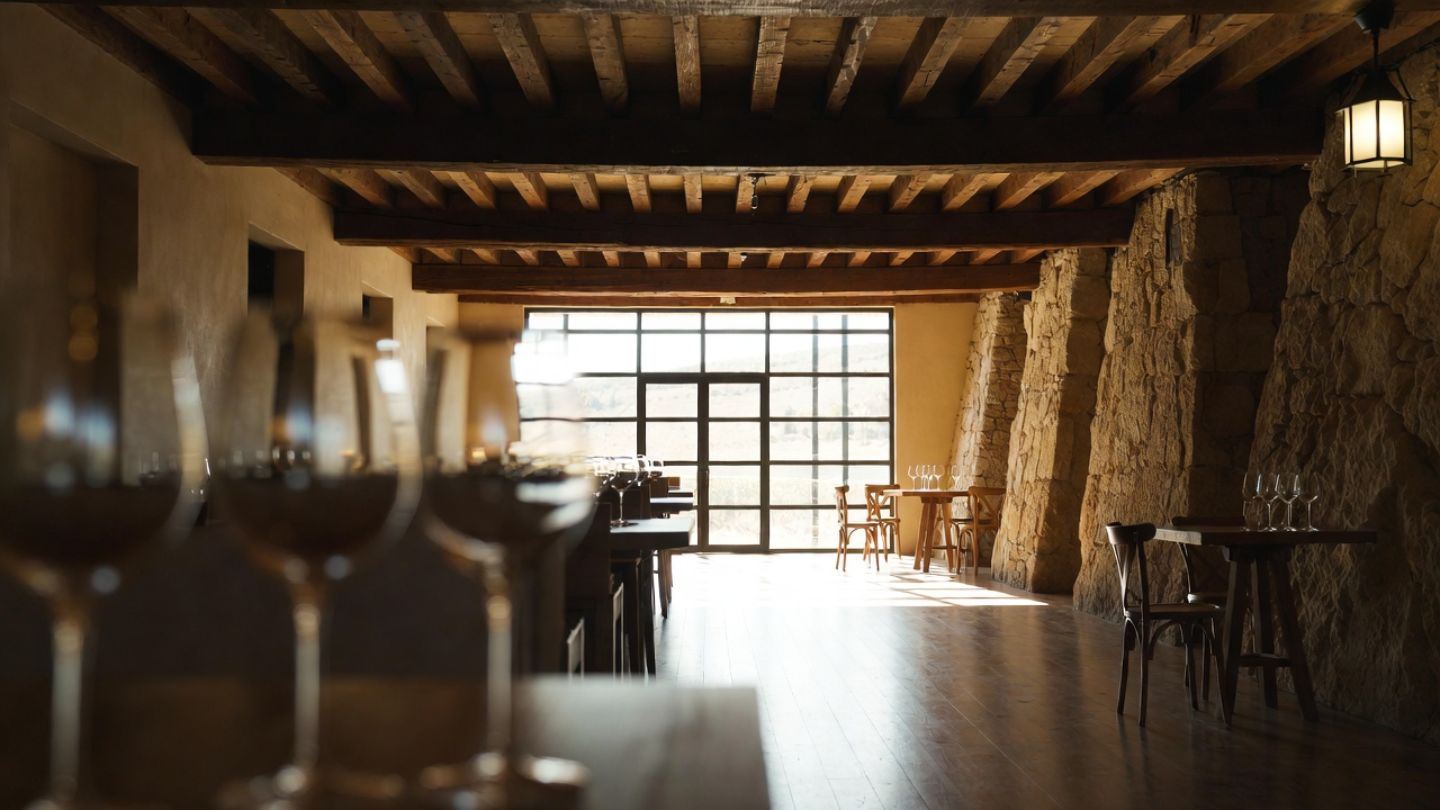 Interior of a Napa Valley winery art space featuring natural materials, soft light, and minimalist design that emphasizes architecture and atmosphere.