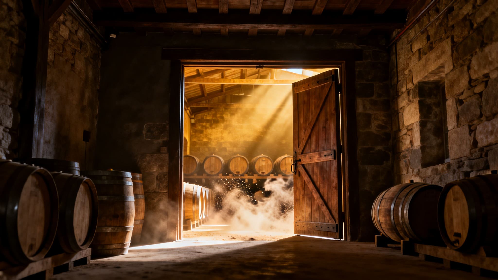 Interior winery architecture in Napa Valley showing a narrow, low-ceiling entry opening into a bright tasting room, illustrating threshold design and spatial pacing used in hospitality buildings.