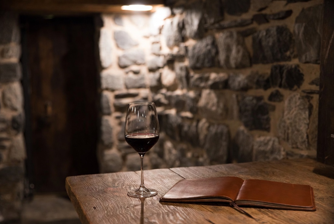 A glass of red wine and a leather journal on a rustic wooden table inside a quiet, historic Napa Valley stone wine cellar, emphasizing a slow, analog tasting experience.