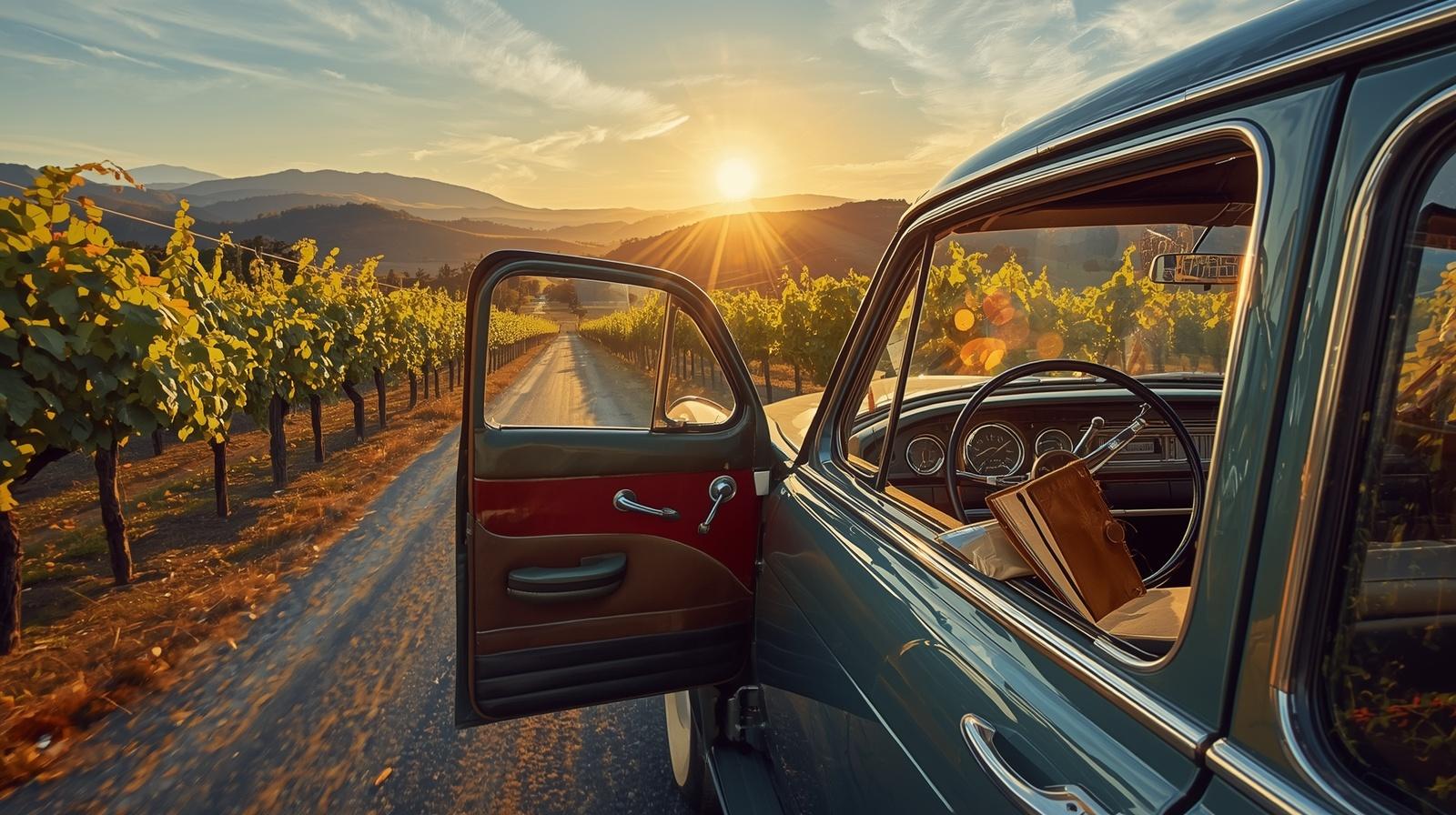 Open notebook resting inside a parked car at sunset along Oakville Cross Road in Napa Valley overlooking vineyard rows.