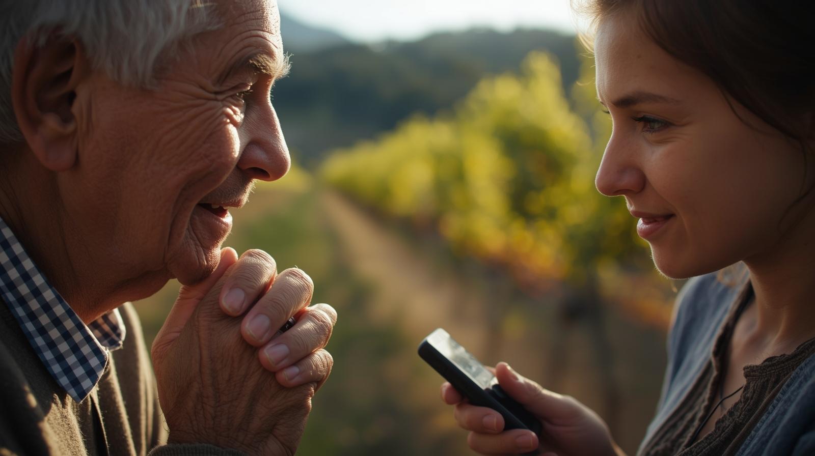 Grandparent sharing a family story while a younger relative records the conversation in a vineyard setting in Oakville Napa Valley.
