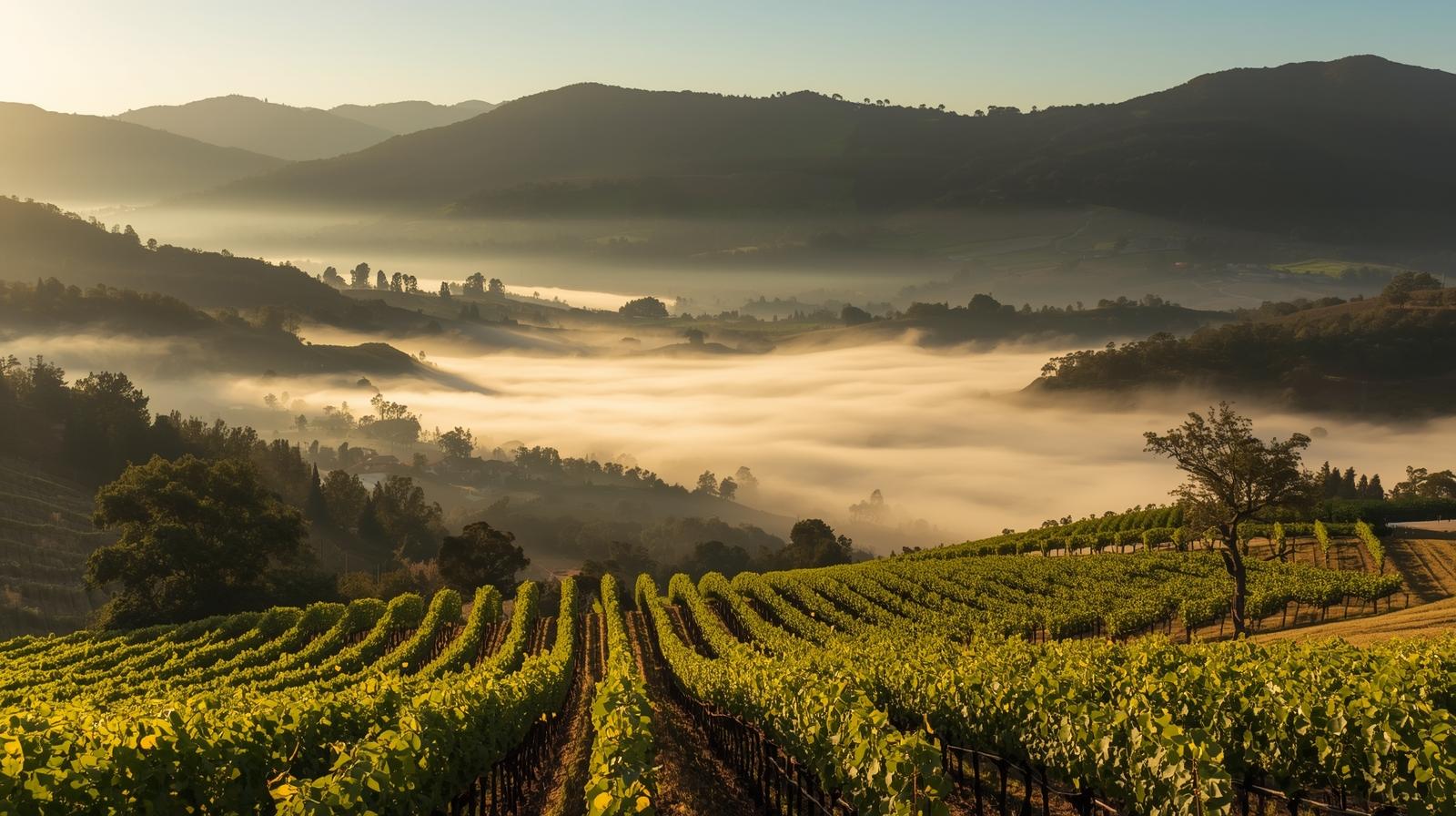 Early morning fog line pooling across vineyard rows in Oakville Napa Valley with sunlit hillsides above, illustrating Napa microclimates and valley weather patterns.
