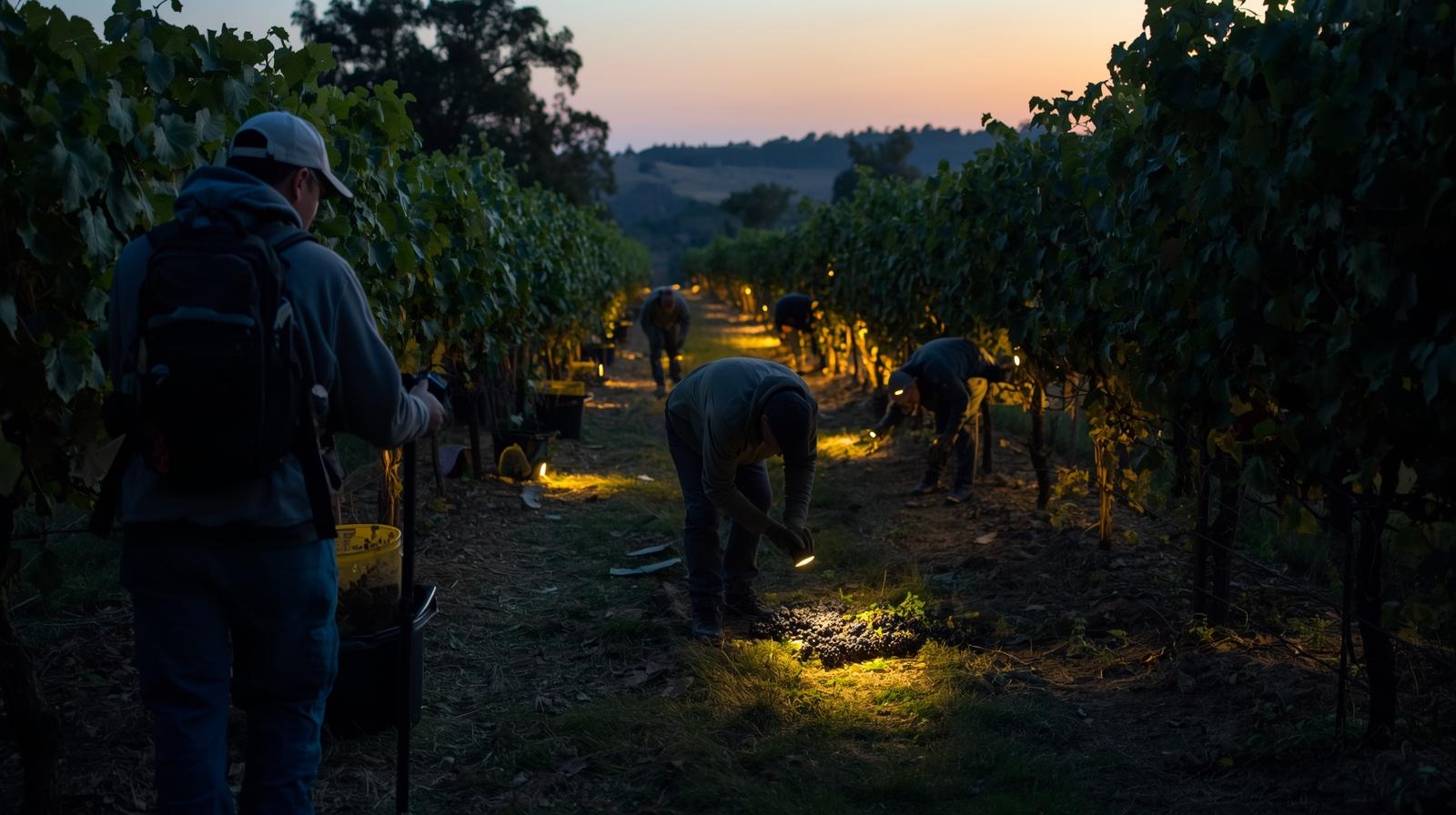 Filmmaker documenting vineyard workers harvesting Cabernet Sauvignon at dawn near Oakville Cross Road in Napa Valley during crush season.
