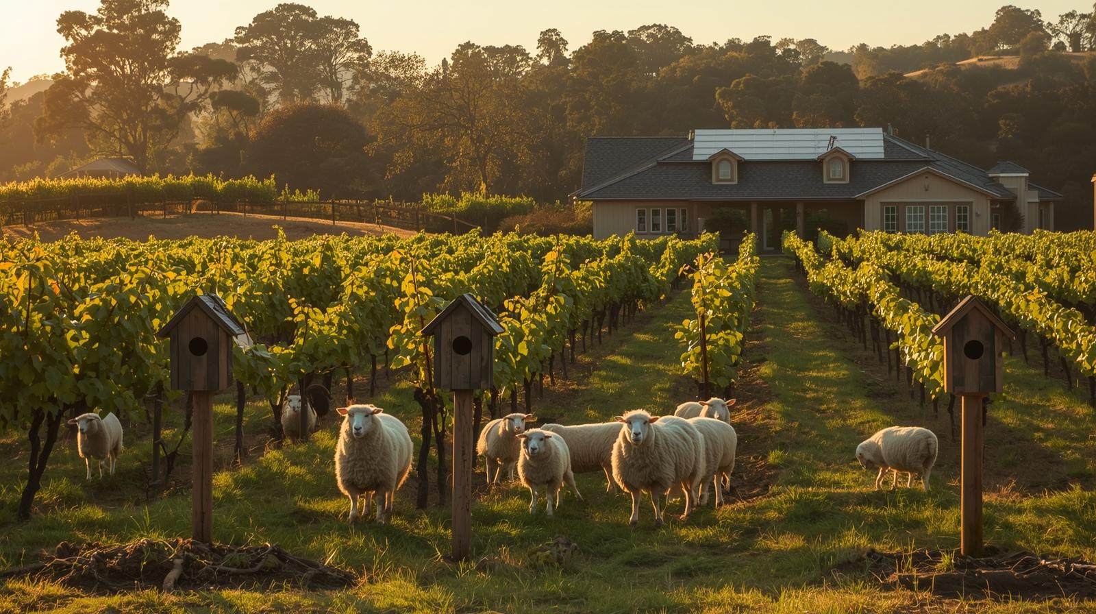 Sheep grazing between vineyard rows in Oakville Napa Valley with owl boxes and solar panels visible, illustrating sustainable and ethical wine production practices.

