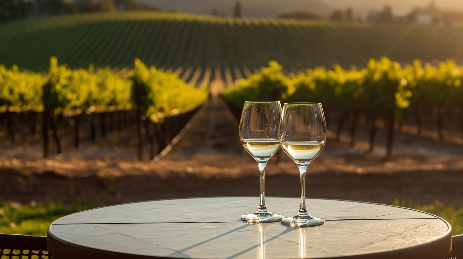 Outdoor vineyard table in Oakville Napa Valley at sunset with two glasses of wine and no phones present, illustrating slow travel and mindful hospitality.
