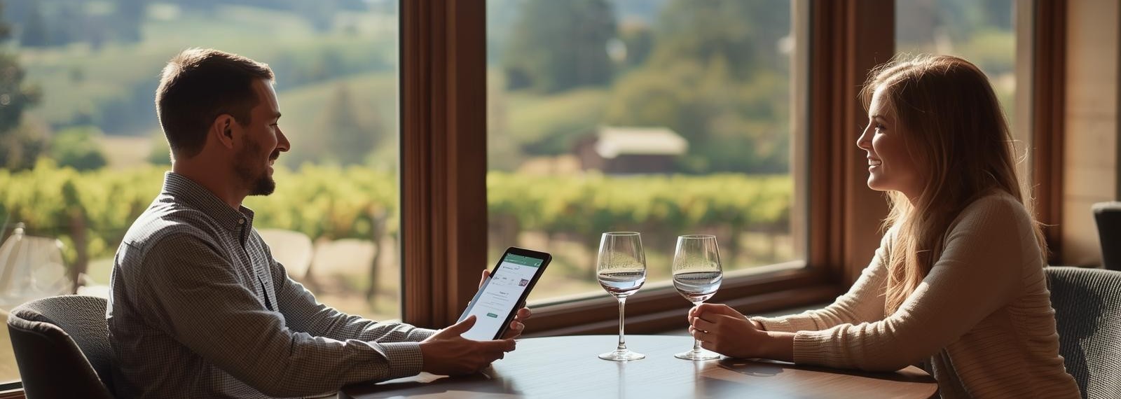 Winery host in Oakville Napa Valley using a tablet for guest check-in during a seated tasting with vineyard views, illustrating hospitality technology integration.