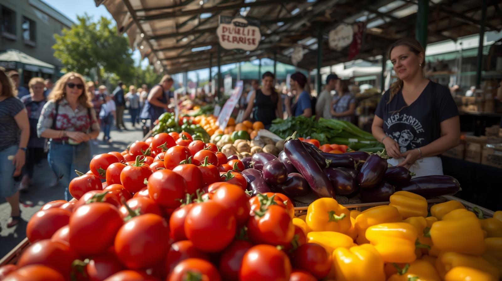 Seasonal fruits and vegetables displayed at Oxbow Public Market in downtown Napa, highlighting Napa Valley agricultural heritage and local food identity.