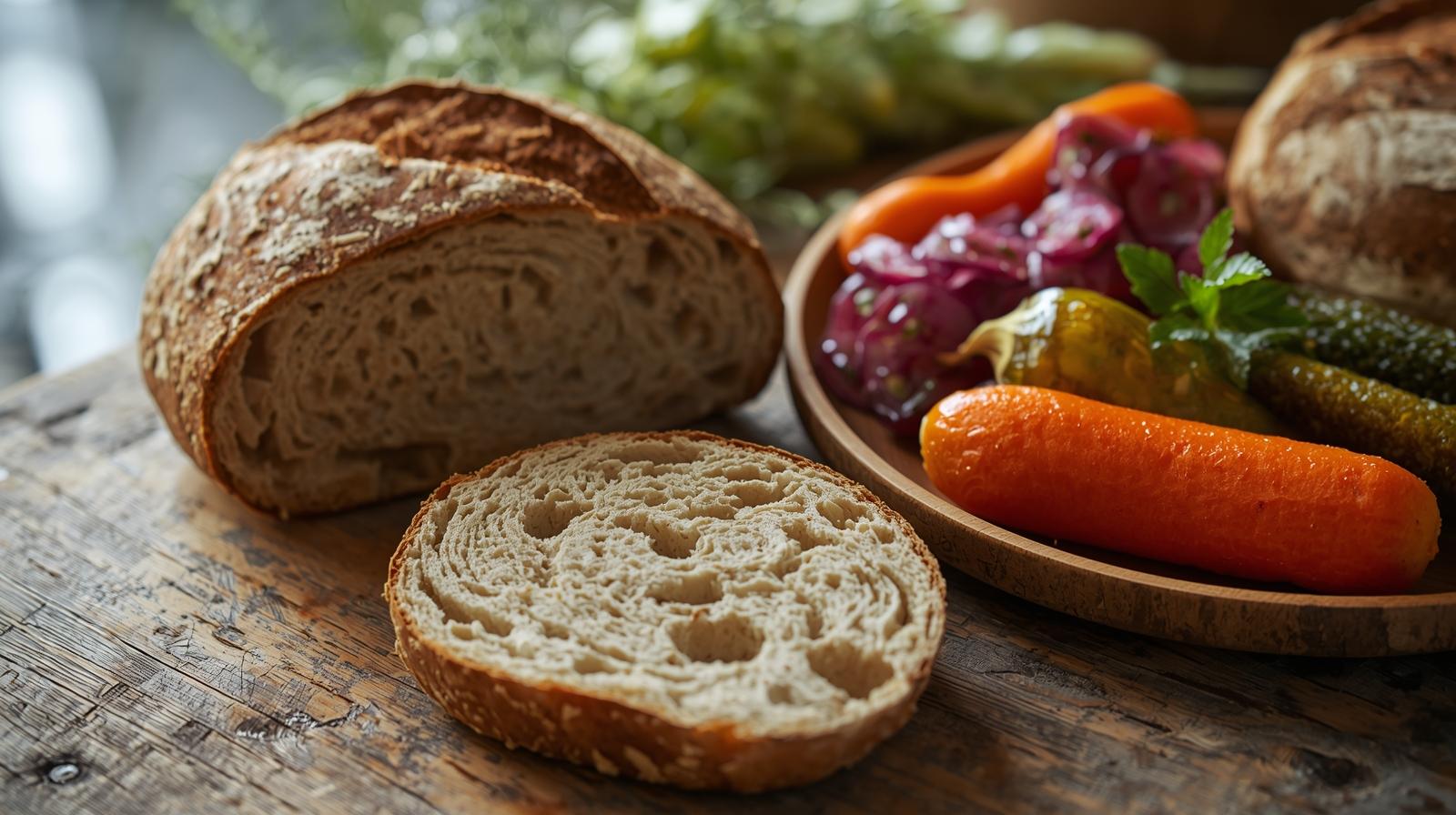 Naturally fermented sourdough bread and house-made pickled vegetables at Oxbow Public Market in Napa Valley, illustrating artisan fermentation and food preservation culture.