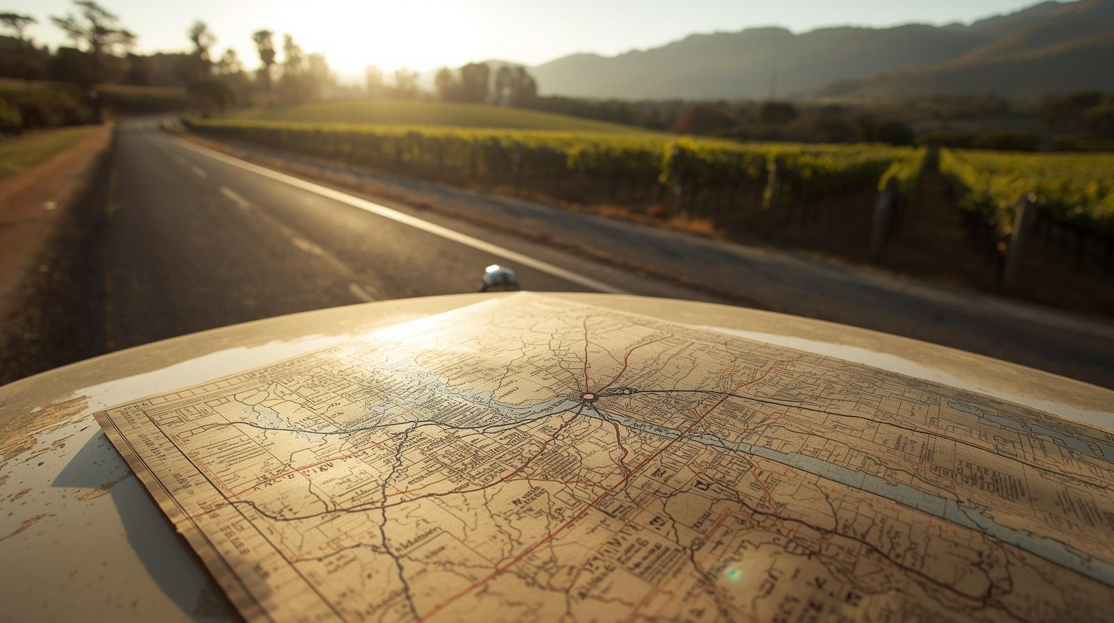 Paper Napa Valley map spread on a car hood along Silverado Trail with vineyard rows and the Mayacamas Mountains in Rutherford California.