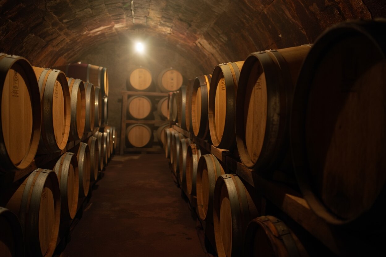 French oak barrels aging Cabernet Sauvignon in a Rutherford Napa Valley barrel room, illustrating oak influence and wine sensory development.