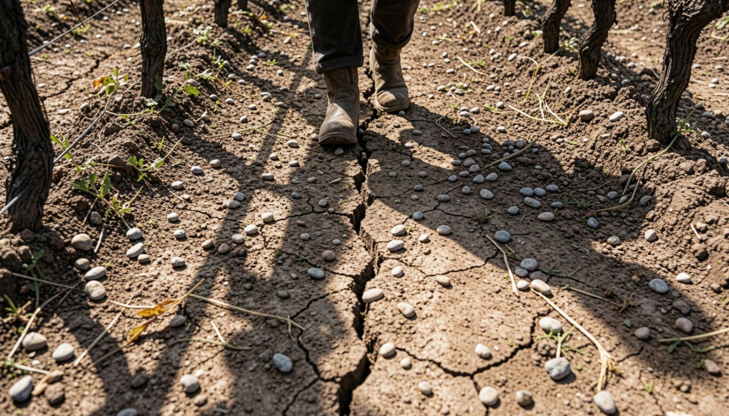 Close view of walking through Napa Valley vineyard rows showing gravelly Rutherford benchland soil, vine shadows, and early morning light emphasizing terroir and farming landscape.