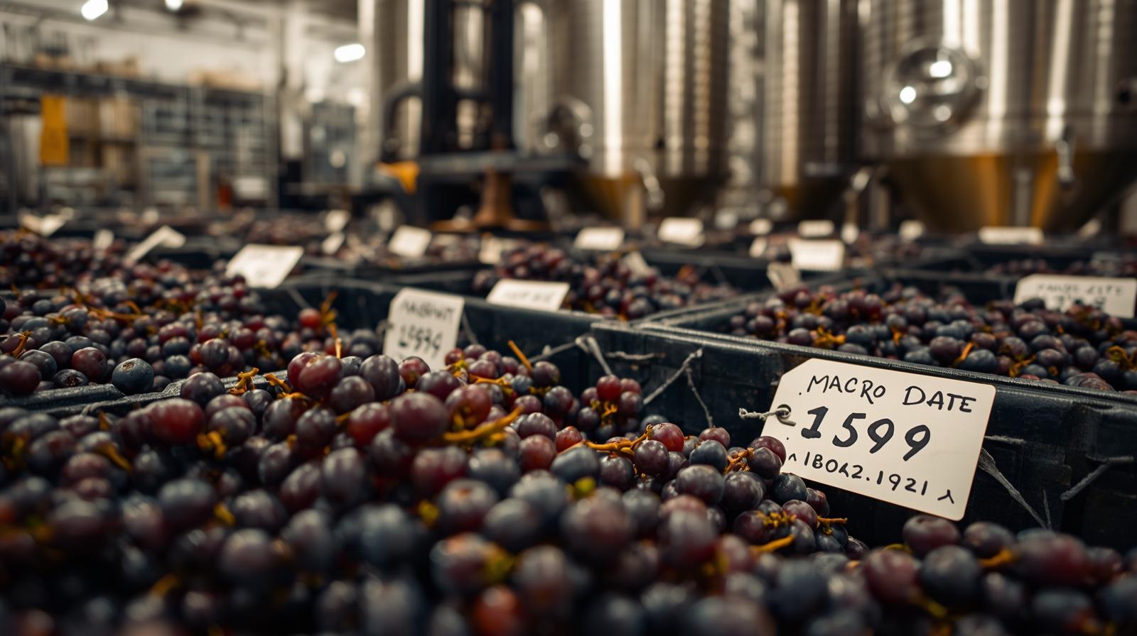 Macro bins of Cabernet Sauvignon grapes labeled with vineyard block and pick date on a crush pad in Rutherford Napa Valley, illustrating ethical wine supply chain transparency.