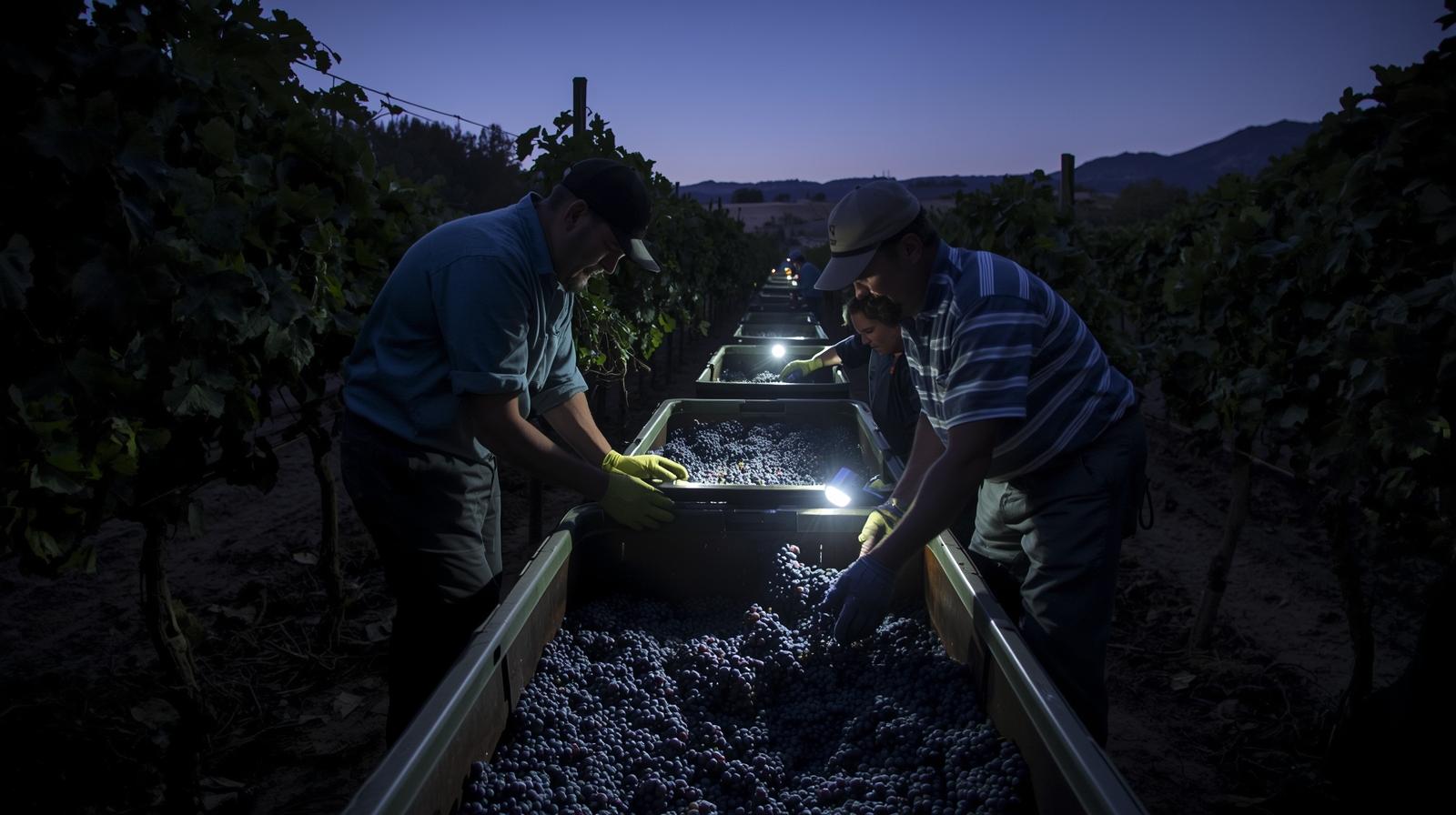 Vineyard workers harvesting Cabernet Sauvignon at dawn in Rutherford Napa Valley with headlamps and macro bins, representing Napa Valley harvest season and vineyard labor.