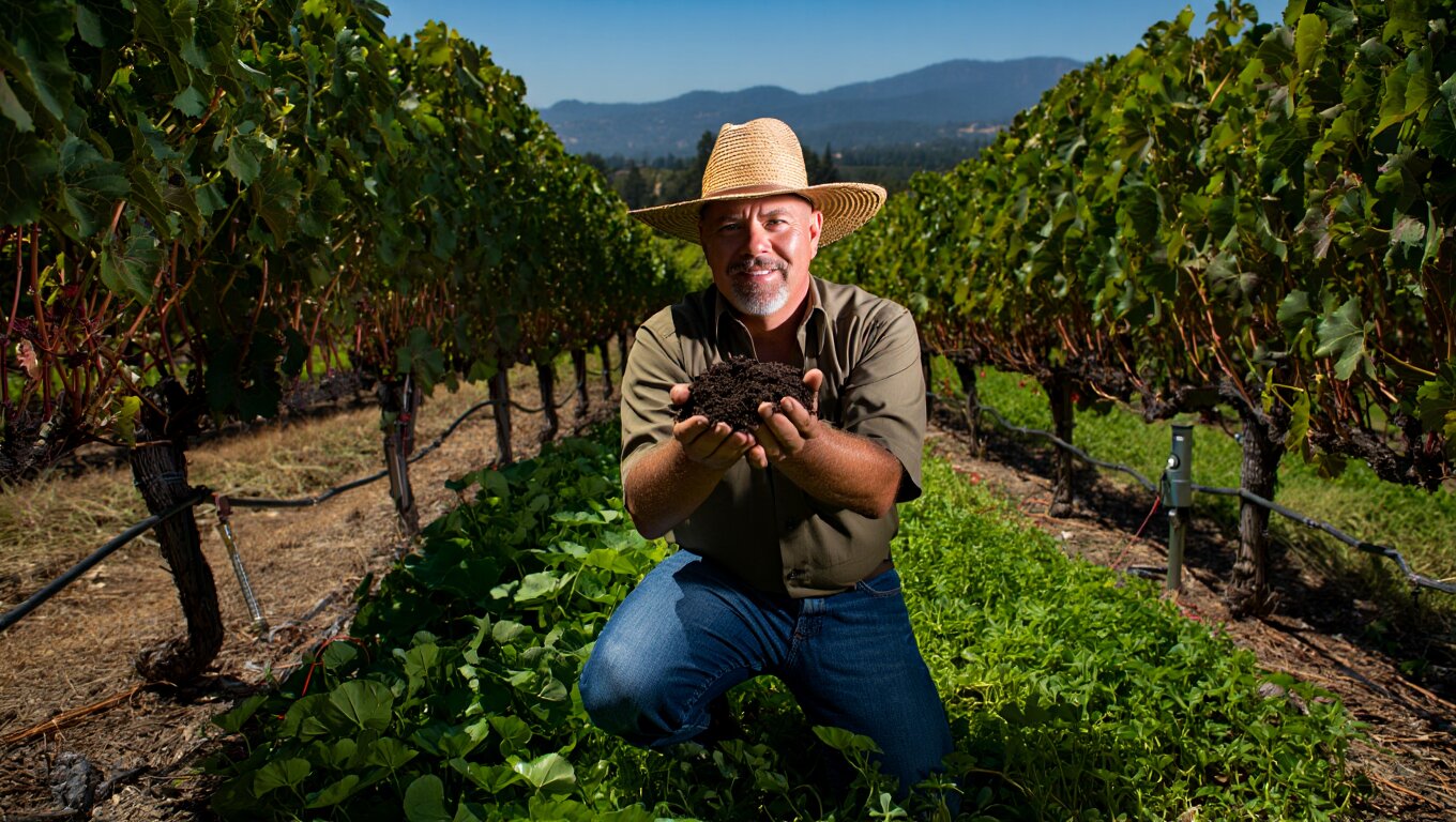 Vineyard manager examining soil with cover crops growing between Cabernet Sauvignon rows in Rutherford Napa Valley as part of climate resilience farming practices.