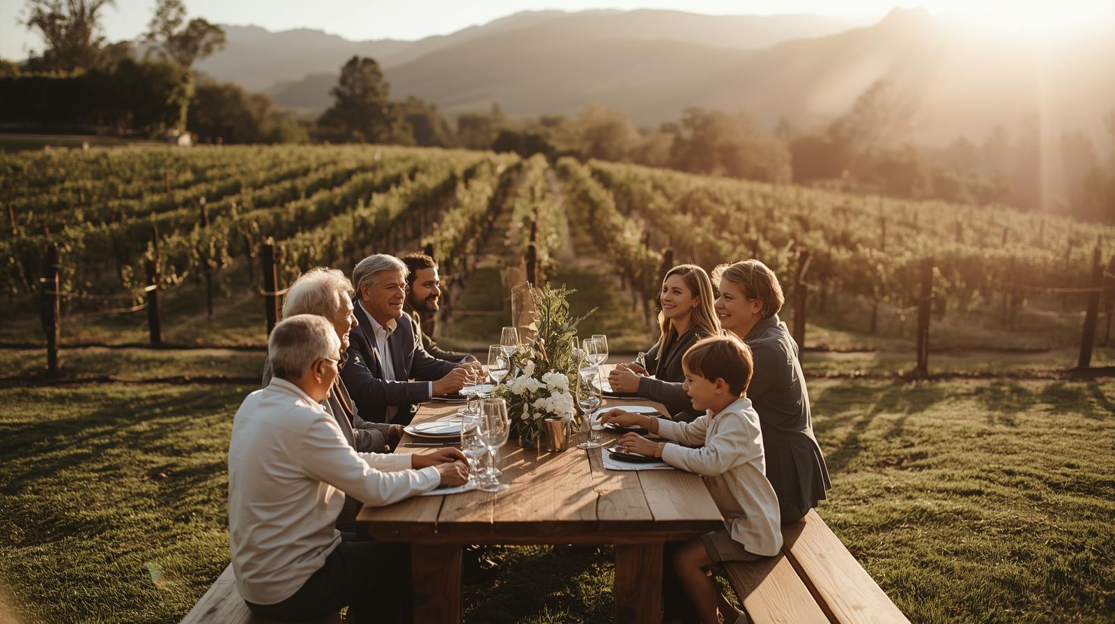 Multigenerational family sharing stories at a long table overlooking vineyard rows in Rutherford Napa Valley during golden hour.