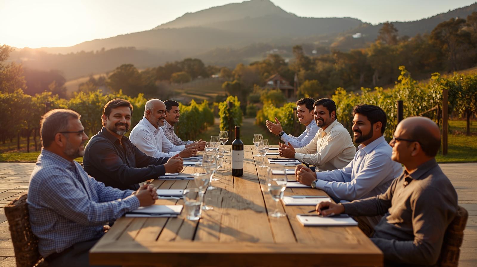 Small group idea retreat on a vineyard terrace in Rutherford Napa Valley at sunset, with a long table set for conversation and executive discussion.