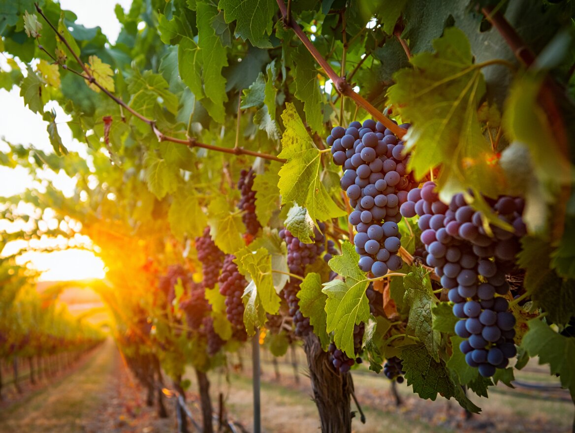 Cabernet Sauvignon vines along Silverado Trail in Napa Valley with canopy leaves positioned to shade grape clusters as part of climate resilience strategy.