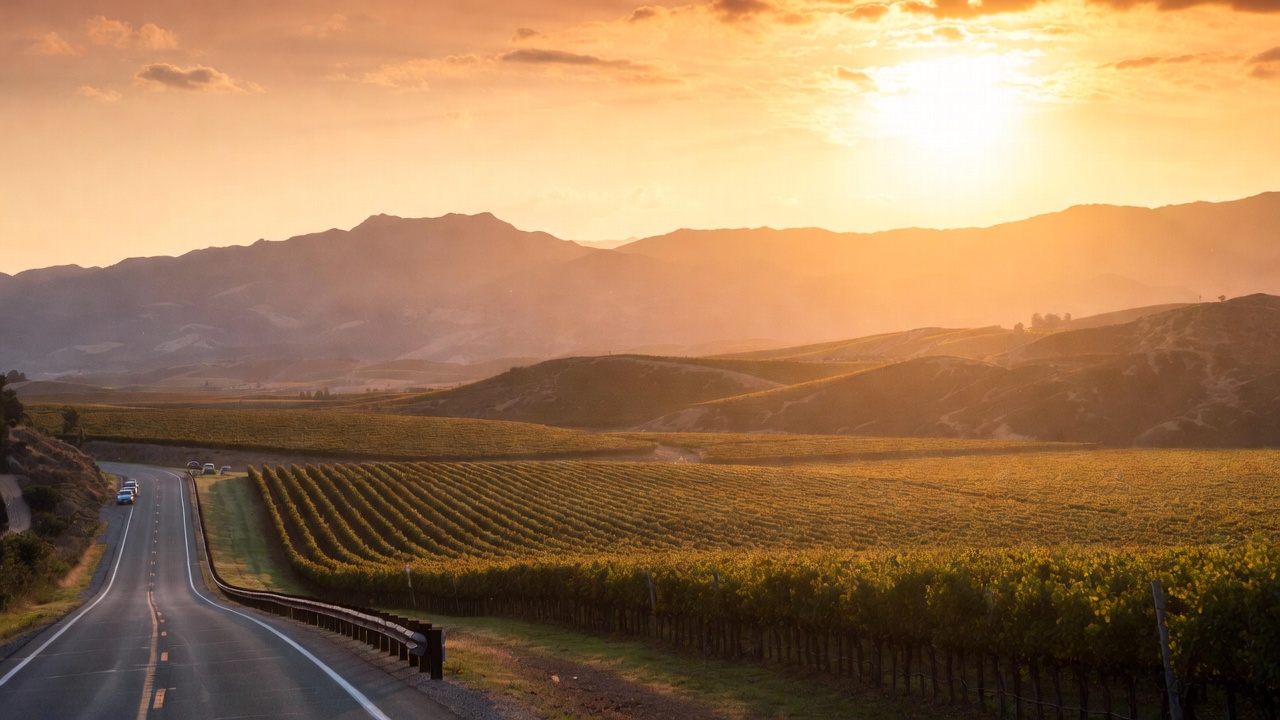 Golden hour view of vineyard rows along Silverado Trail in Napa Valley with the Mayacamas mountains in the background, symbolizing slow evening travel rituals in wine country.
