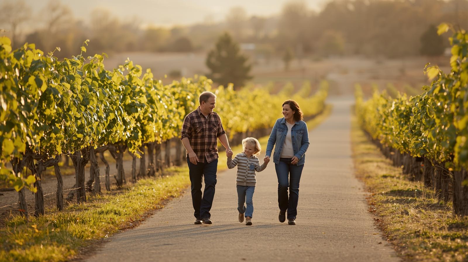 Three generations of a family walking together along vineyard rows near Silverado Trail in Napa Valley during a family storytelling retreat.
