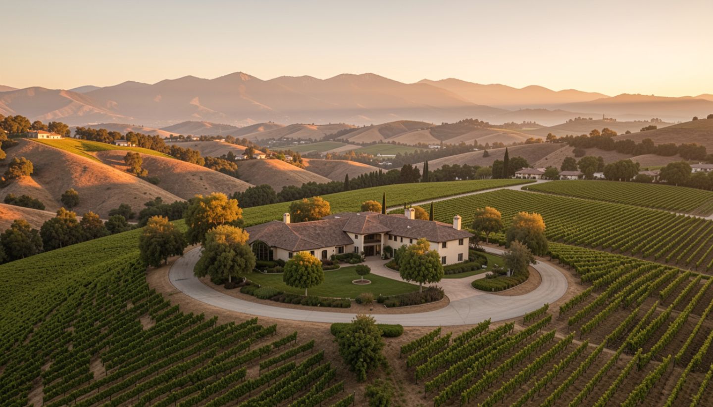 Golden hour view from a Napa Valley estate along Silverado Trail, overlooking vineyard rows and the Mayacamas foothills, emphasizing privacy and natural flow.