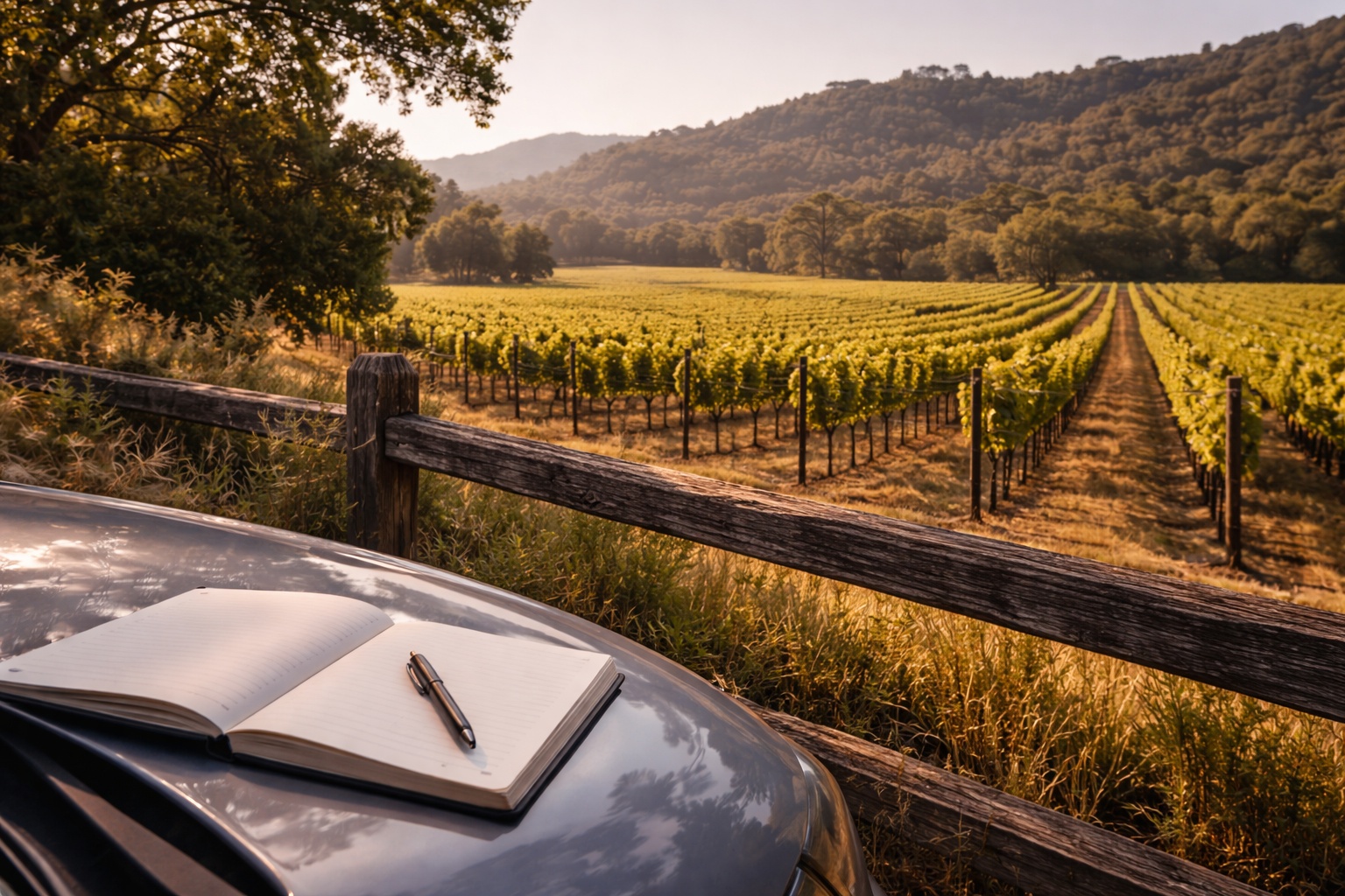 Notebook resting near a vineyard pull off along Silverado Trail in Napa Valley, representing a self guided stop for travel journaling and scenic observation.