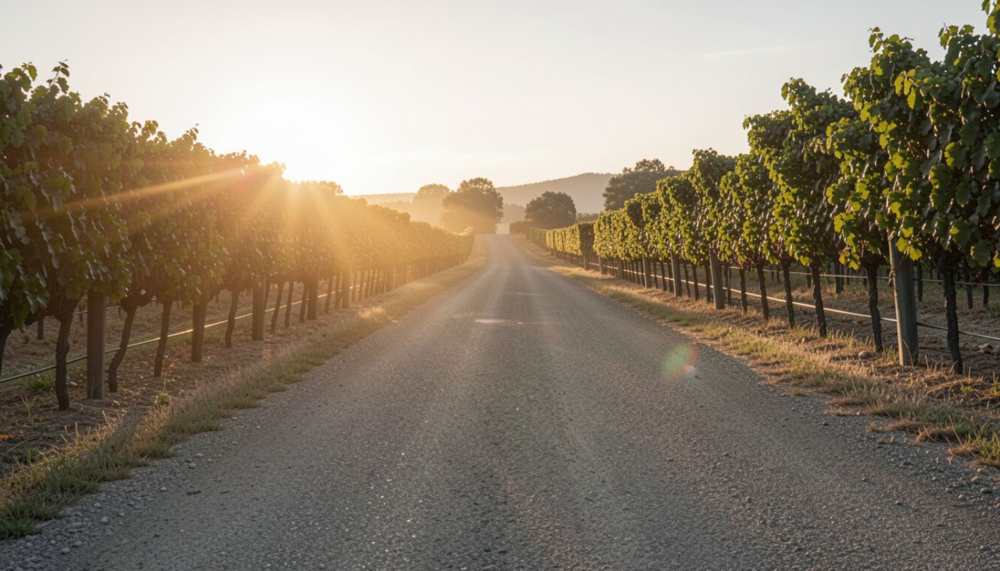 Peaceful view along Silverado Trail in Napa Valley with vineyard edges and soft light, ideal for photographers scouting changing light conditions.