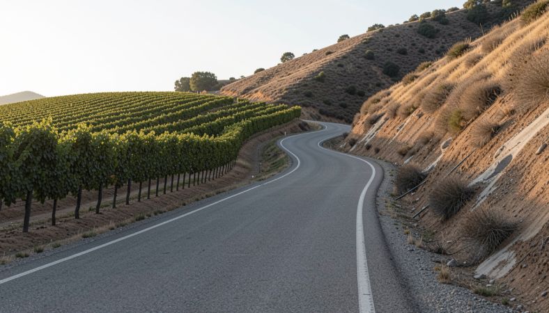 Scenic drive along Silverado Trail in Napa Valley, showing vineyard slopes and topography important to land and site planning.