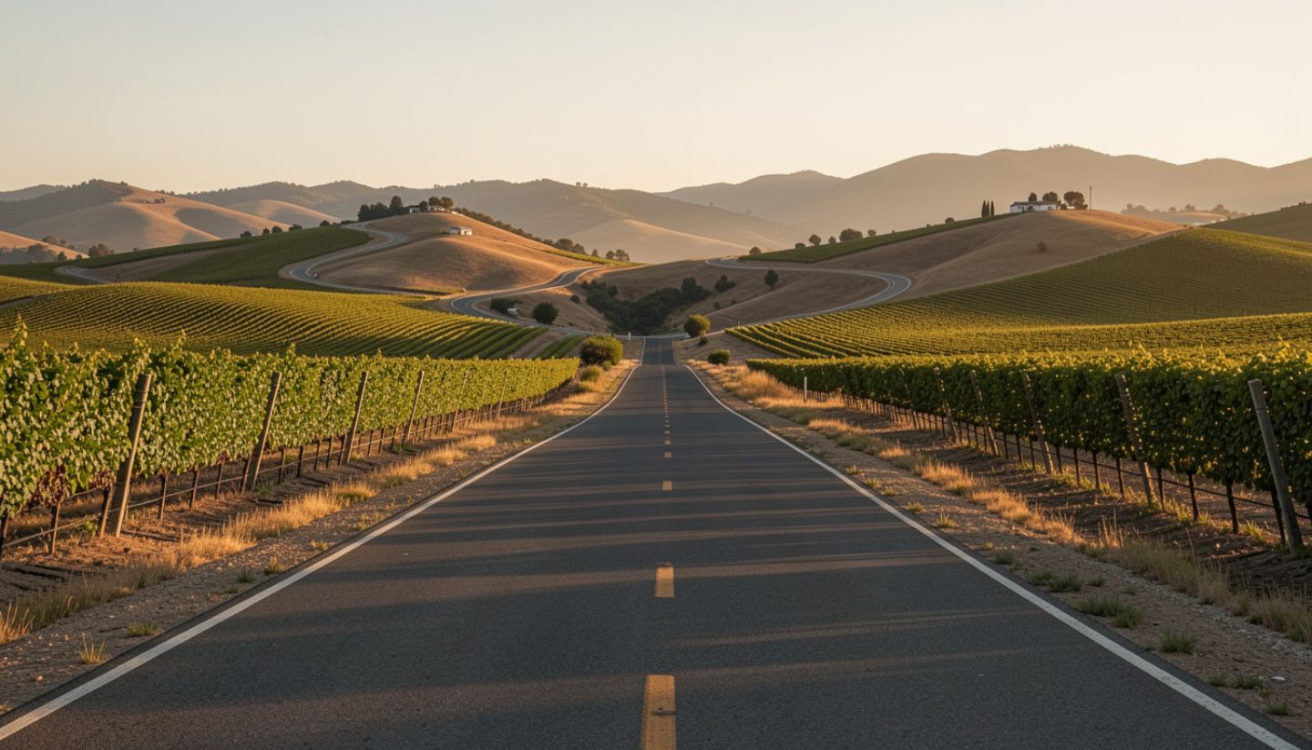 Scenic view of Silverado Trail in Napa Valley showing vineyard layout, elevation, and land systems important to product and systems thinkers.