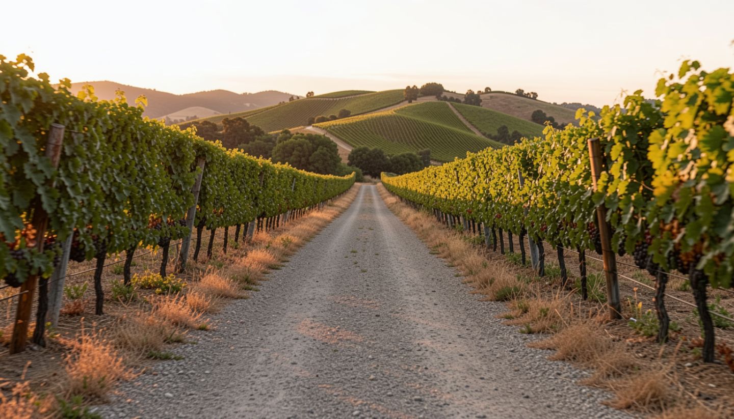 Peaceful view along Silverado Trail in Napa Valley with vineyards and golden light, representing a slow and grounding journey through wine country.