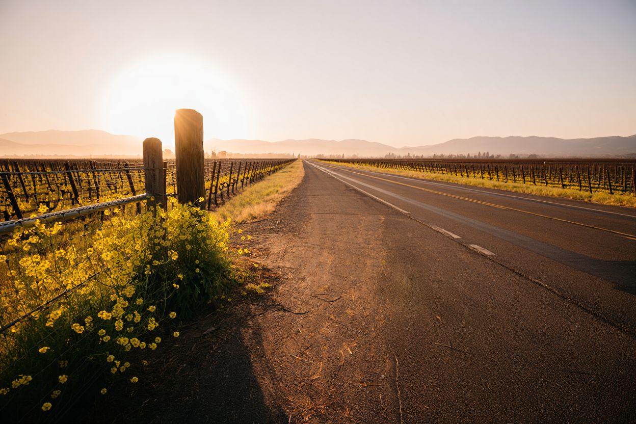 Quiet scenic view along Silverado Trail in Napa Valley during golden hour, symbolizing privacy, reflection, and an unhurried executive retreat.