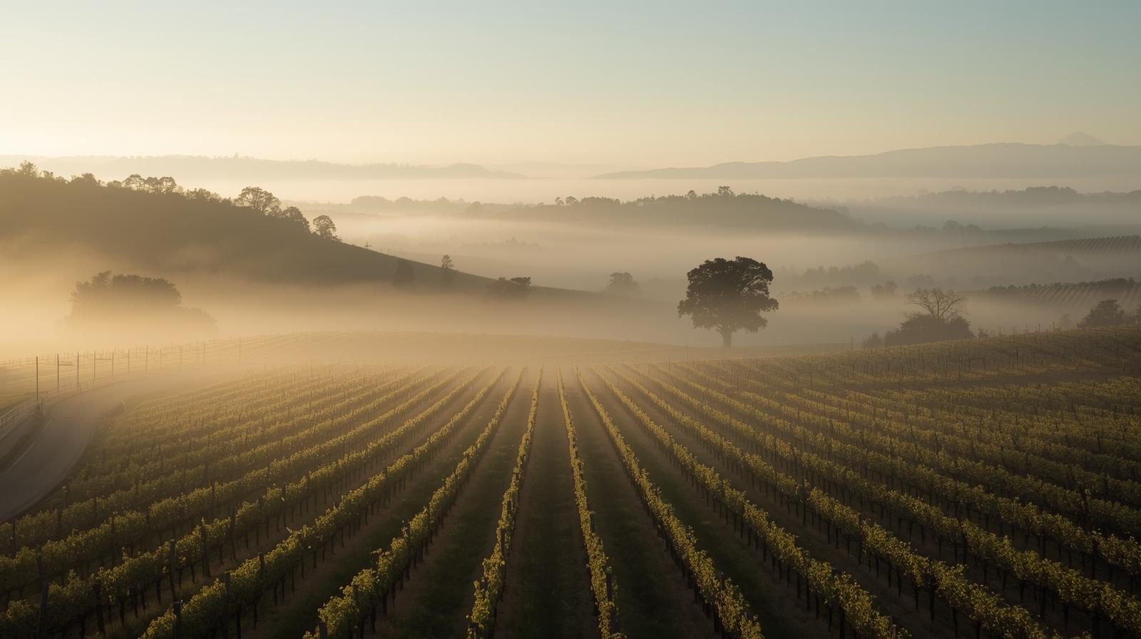 Early morning vineyard scene along Silverado Trail in Napa Valley with fog over the Rutherford benchlands, representing familiarity, return visits, and building a personal relationship with place.