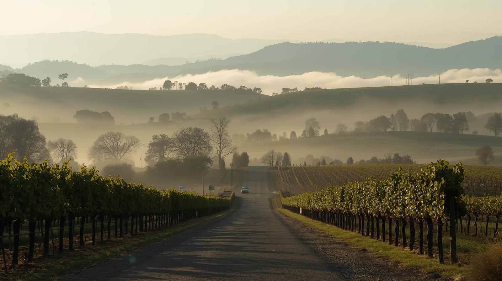 Early morning fog lifting over vineyard rows along Silverado Trail in Rutherford Napa Valley, representing mindful travel and unplugged wine country experiences.