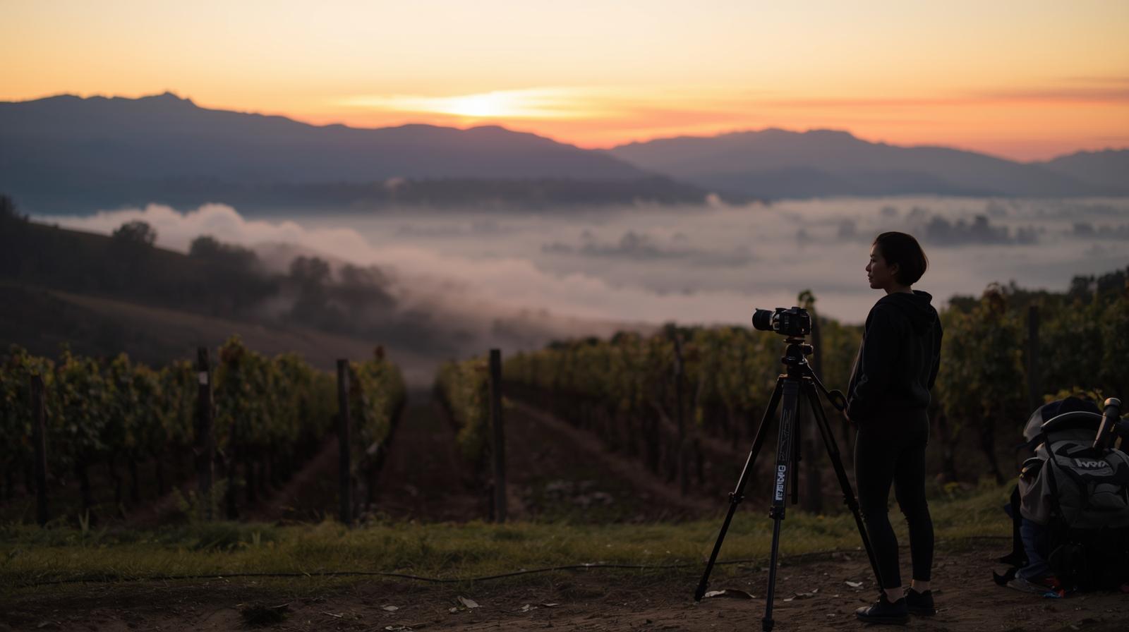 Content creator photographing vineyard rows at sunrise along Silverado Trail in Rutherford Napa Valley with fog and Mayacamas Mountains in the background.