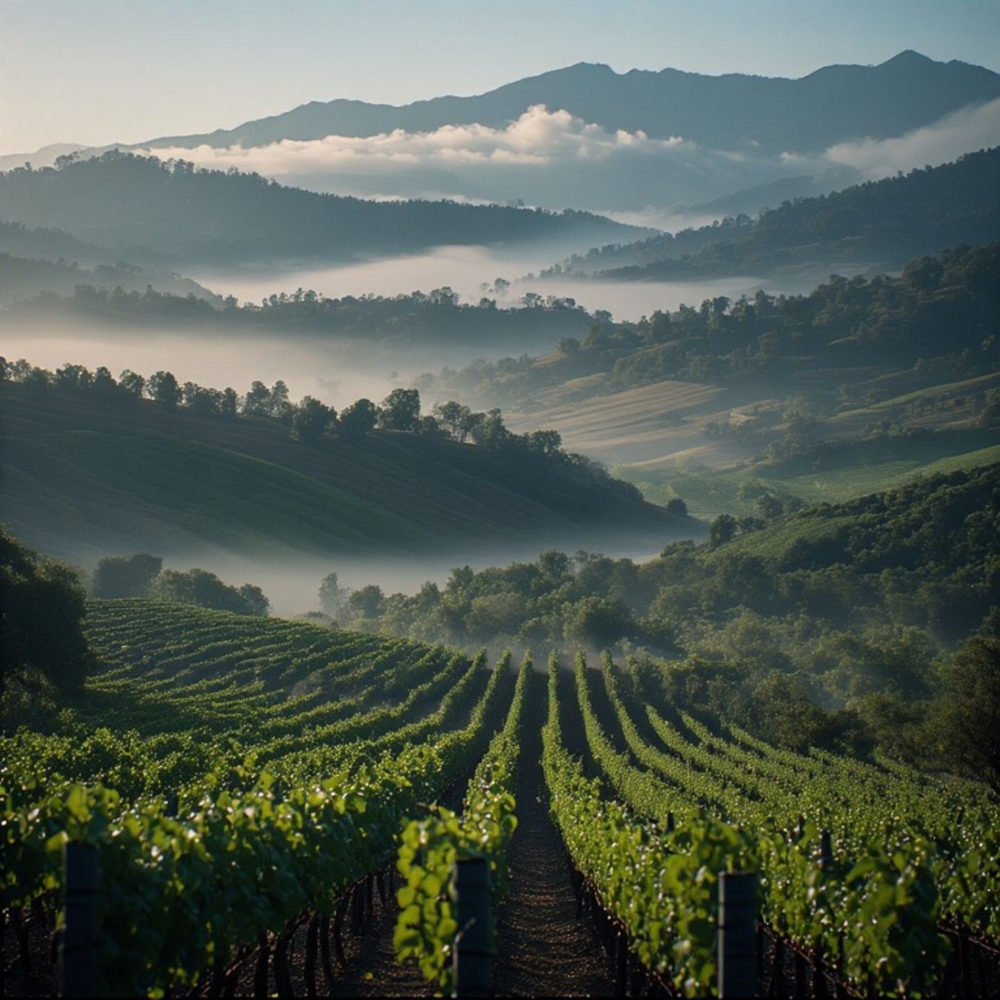 Panoramic view of Napa Valley vineyards along Silverado Trail with morning fog lifting toward Carneros and sunlight reaching vineyard rows between mountain ranges.