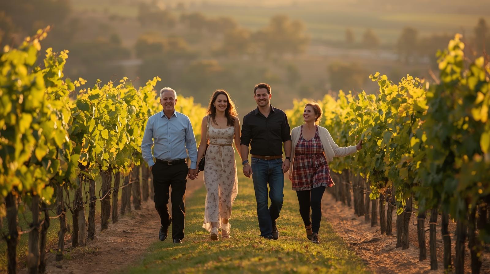 Small executive group walking through vineyard rows along Silverado Trail in Napa Valley during an idea retreat, illustrating reflective outdoor discussion.