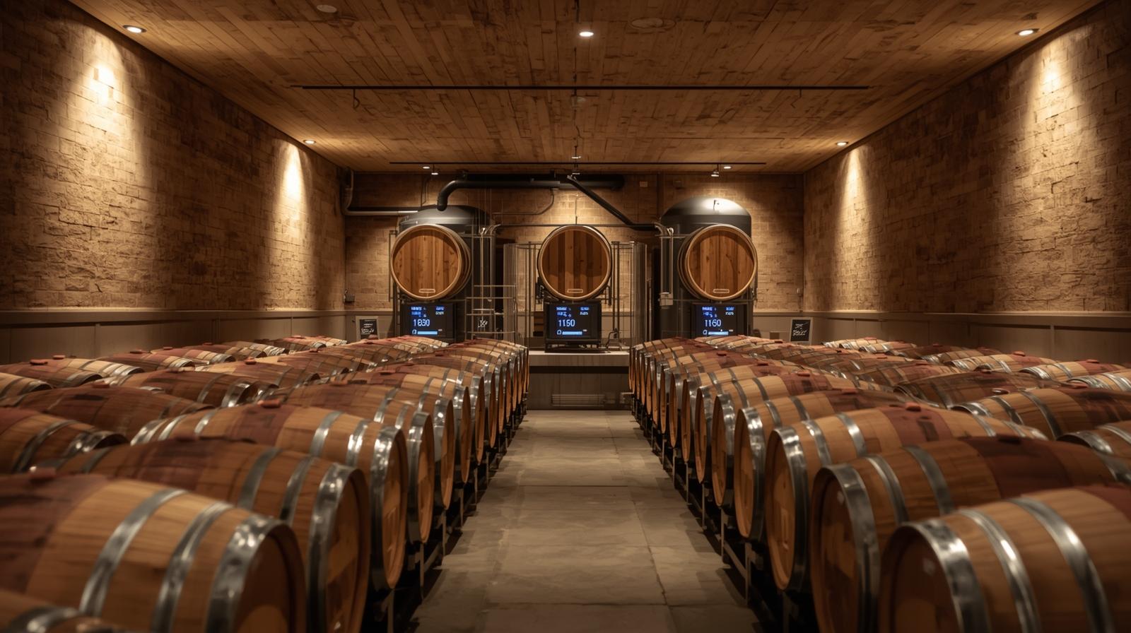 Fermentation tank temperature monitoring system inside a Silverado Trail winery in Napa Valley, illustrating integrated production and hospitality technology.