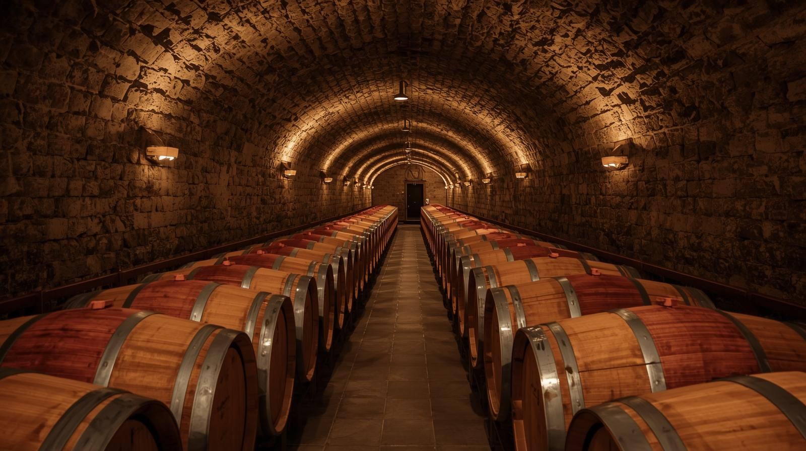 Rows of French oak barrels aging Cabernet Sauvignon inside a wine cave on Spring Mountain in Napa Valley, representing fermentation and wine aging practices.