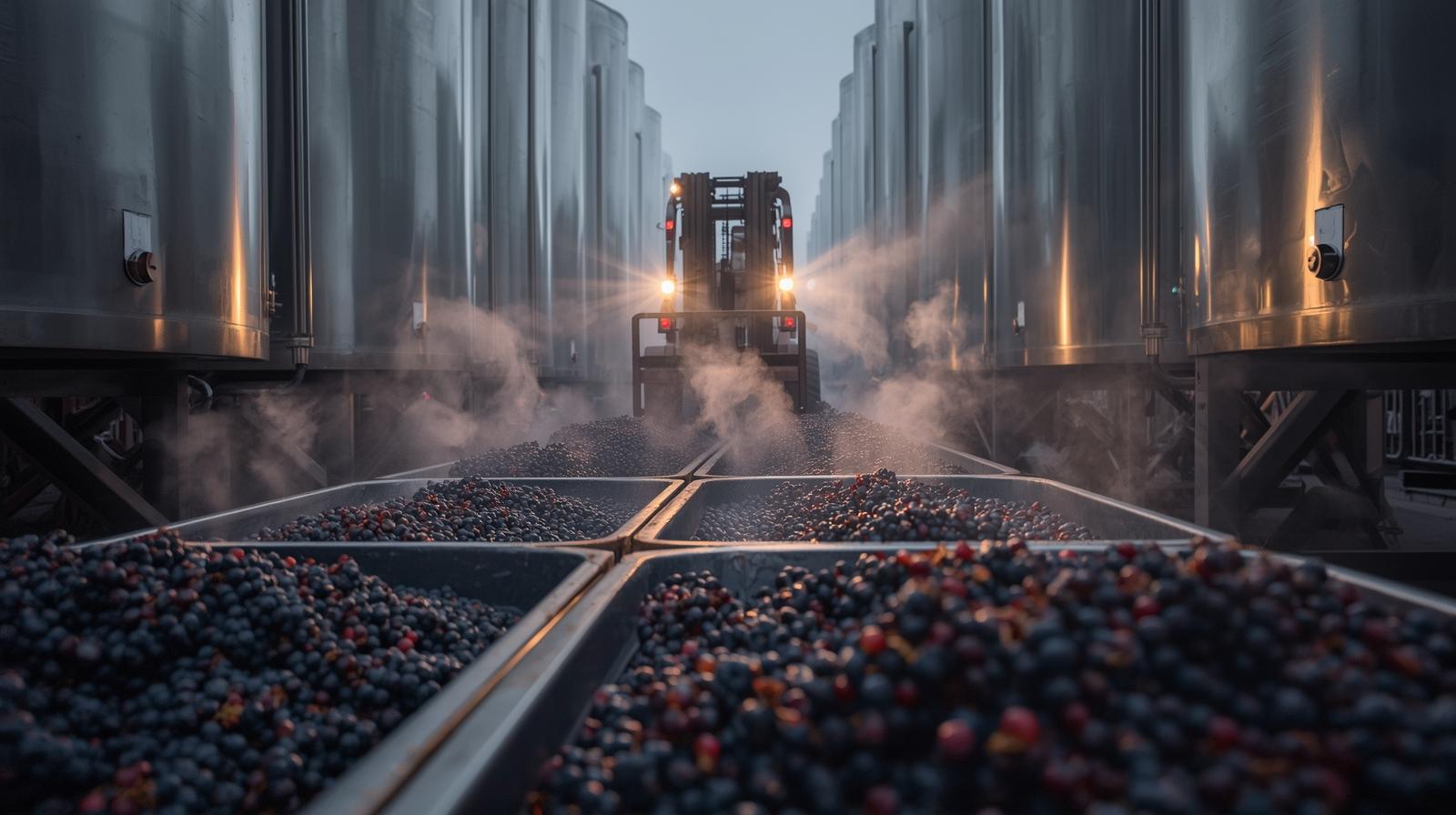 Forklift moving bins of freshly harvested grapes on a crush pad in St. Helena Napa Valley during harvest season, illustrating wine production and seasonal labor.